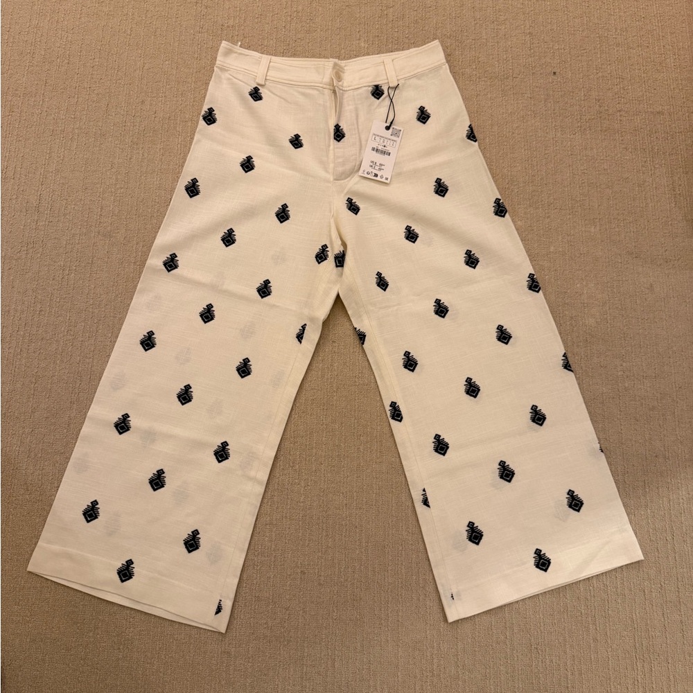Cream Wide-Leg Pants with Black Print